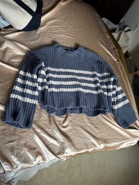Pink Republic Navy and White Striped Cropped Crewneck Sweater